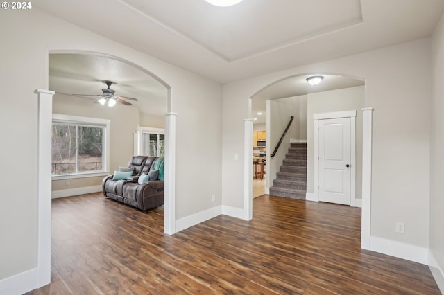 spare room featuring a raised ceiling, dark hardwood / wood-style flooring, and ceiling fan