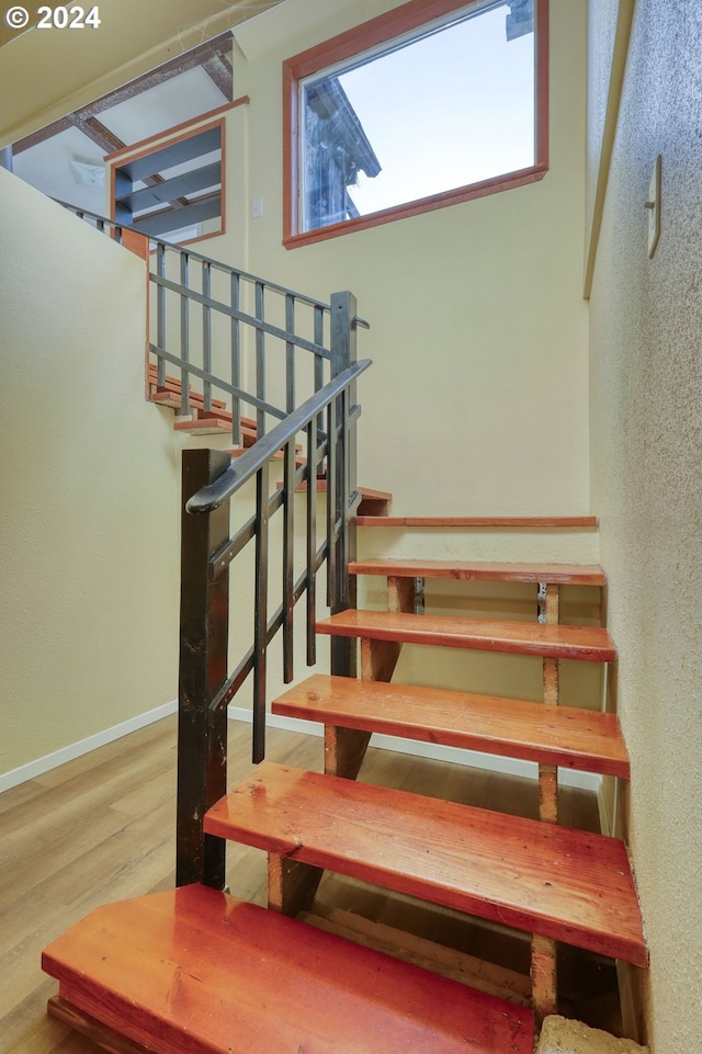 staircase with hardwood / wood-style floors