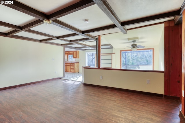 unfurnished living room with beam ceiling, ceiling fan, coffered ceiling, and dark hardwood / wood-style floors