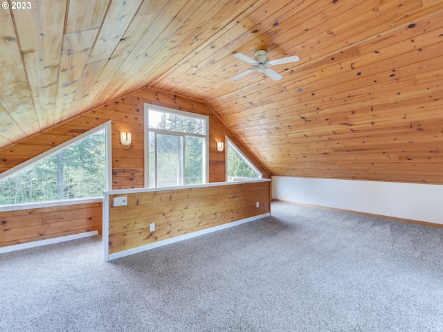 additional living space with lofted ceiling, wooden walls, carpet flooring, and wood ceiling