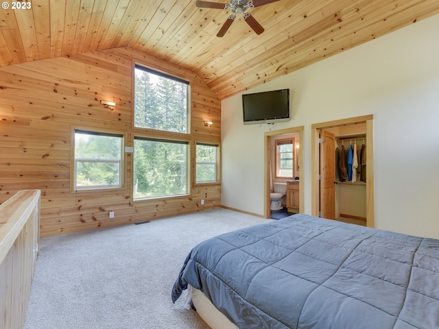 bedroom with wooden walls, carpet, visible vents, high vaulted ceiling, and wood ceiling