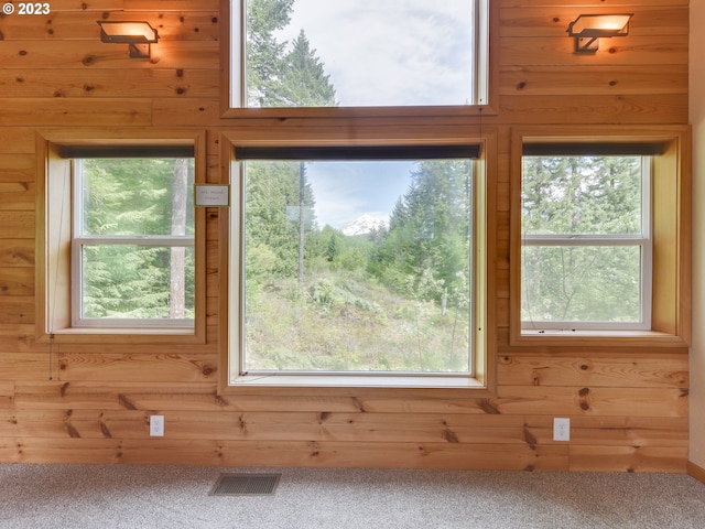 details with carpet flooring and wood walls