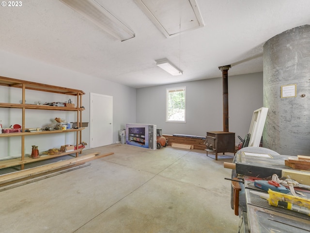 basement featuring a wood stove