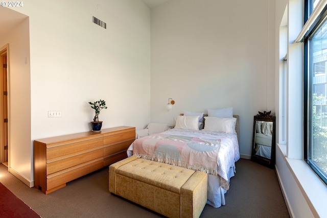 bedroom with dark carpet