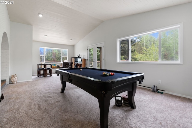 playroom with a healthy amount of sunlight, french doors, pool table, and vaulted ceiling