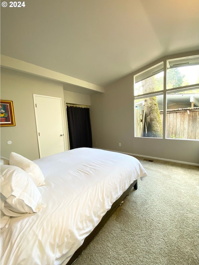 bedroom featuring lofted ceiling, carpet flooring, visible vents, and baseboards