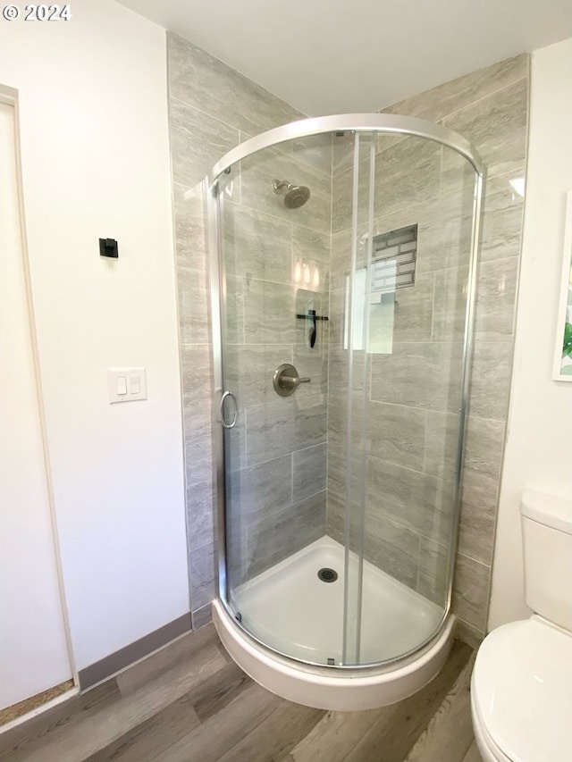 bathroom with baseboards, a shower stall, toilet, and wood finished floors