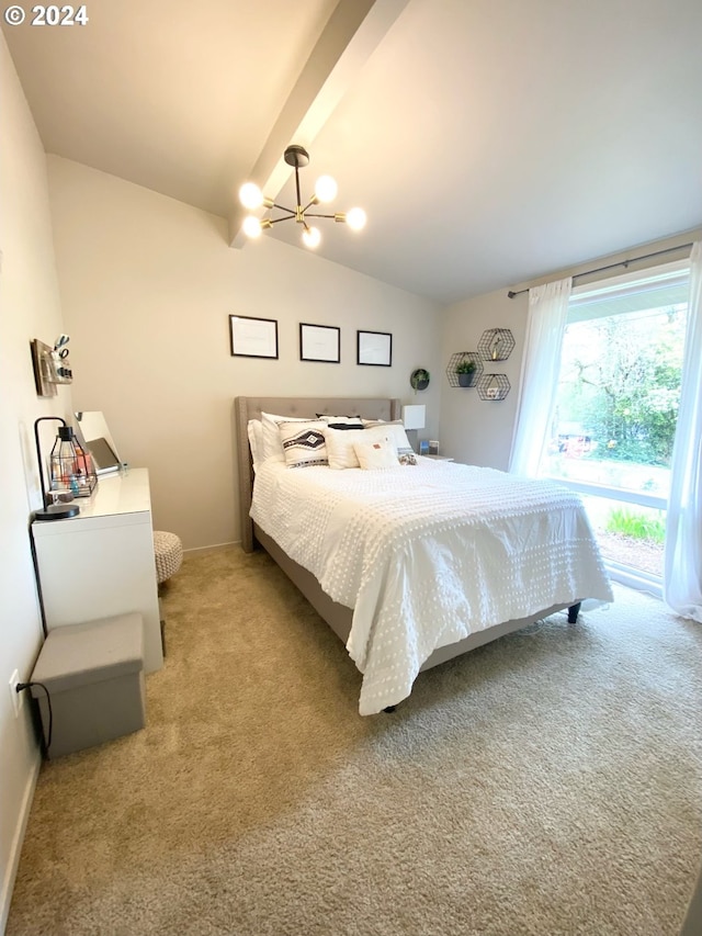 bedroom featuring baseboards, light colored carpet, lofted ceiling with beams, access to exterior, and a chandelier