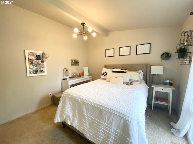 bedroom featuring carpet flooring, a notable chandelier, lofted ceiling with beams, and baseboards