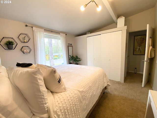 carpeted bedroom with lofted ceiling, a closet, and access to outside