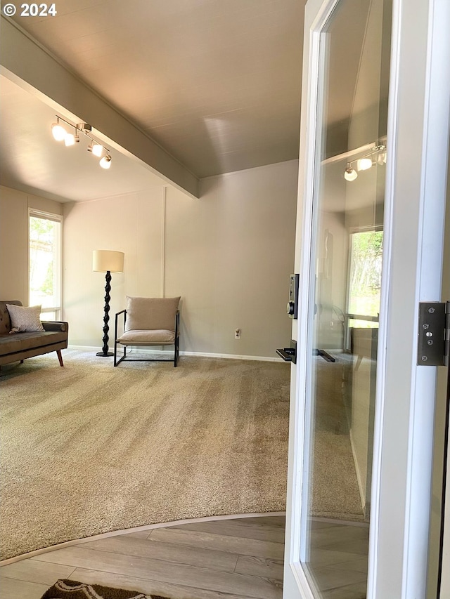 sitting room featuring carpet, baseboards, and beamed ceiling