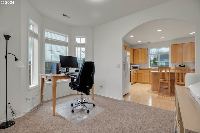 view of carpeted home office