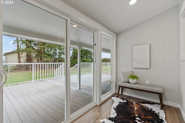 doorway with a wealth of natural light, wood-type flooring, and lofted ceiling