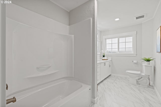 full bathroom with vanity, ornamental molding, bathtub / shower combination, and toilet