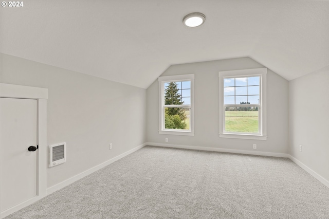 additional living space featuring light colored carpet and vaulted ceiling