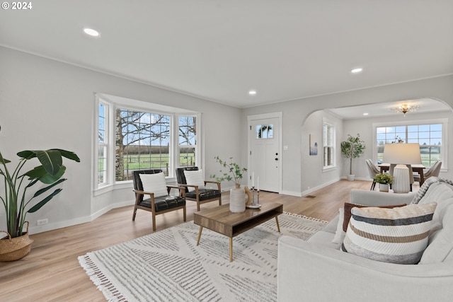 living room with ornamental molding and light hardwood / wood-style flooring