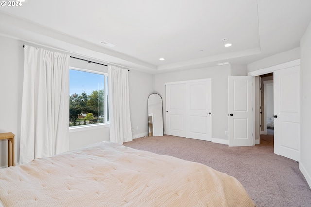 unfurnished bedroom featuring light carpet and a raised ceiling