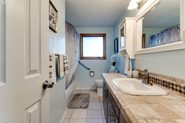 full bathroom with vanity, shower / bath combo, toilet, and tile patterned flooring