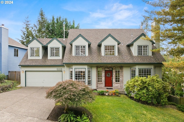 cape cod house featuring a garage and a front lawn