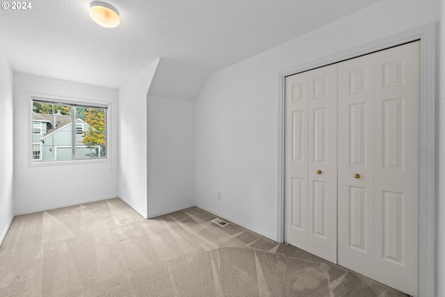 additional living space with light colored carpet, a textured ceiling, and lofted ceiling