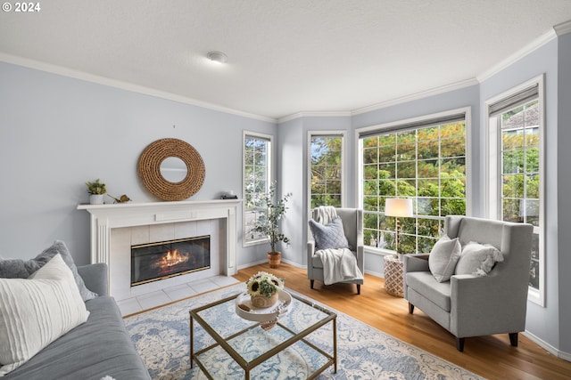 interior space with a tiled fireplace and a healthy amount of sunlight