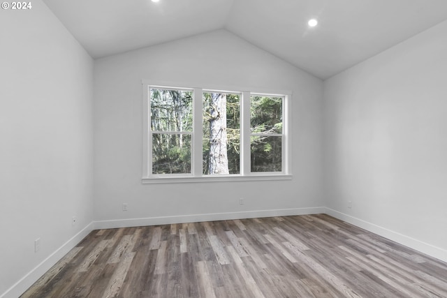 unfurnished room with lofted ceiling and dark wood-type flooring