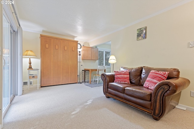 carpeted living room featuring ornamental molding