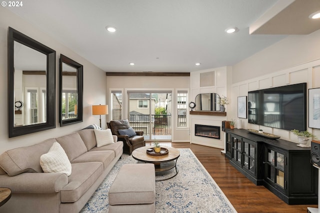 living room with dark hardwood / wood-style floors