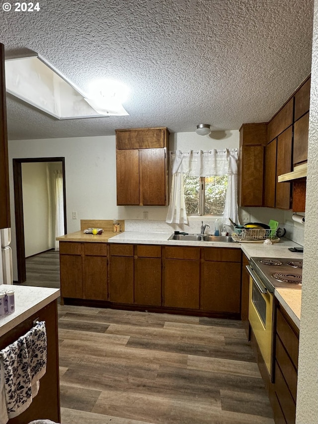 kitchen featuring stainless steel electric stove, extractor fan, a textured ceiling, dark wood-type flooring, and sink