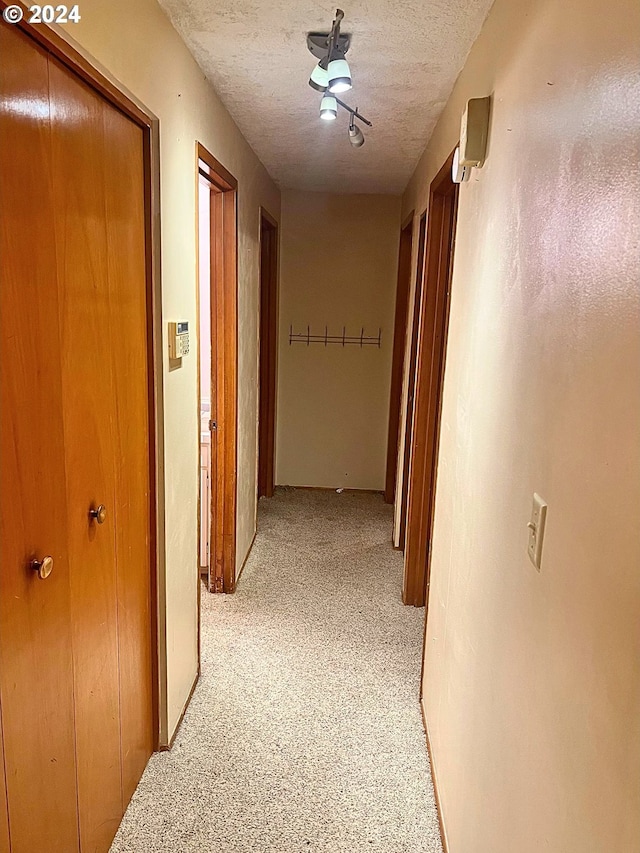 corridor featuring light colored carpet and a textured ceiling