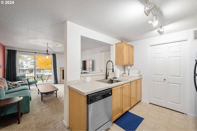 kitchen featuring a textured ceiling, sink, rail lighting, stainless steel dishwasher, and light colored carpet