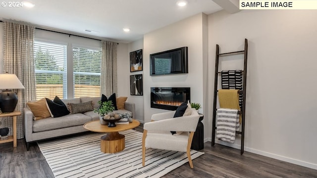 living room with dark hardwood / wood-style flooring