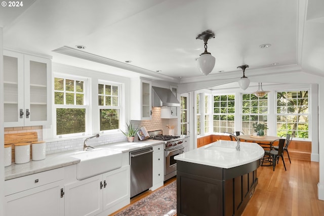 kitchen with sink, appliances with stainless steel finishes, light hardwood / wood-style floors, wall chimney range hood, and a wealth of natural light