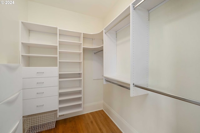 walk in closet with light hardwood / wood-style floors