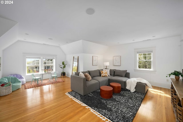 living room featuring light hardwood / wood-style floors and lofted ceiling