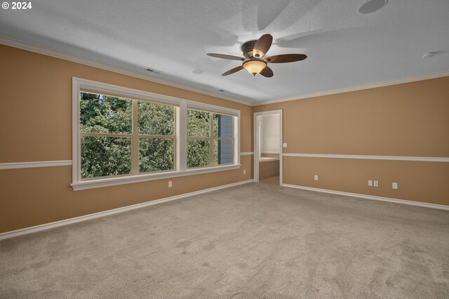 carpeted spare room with ceiling fan, ornamental molding, and a textured ceiling