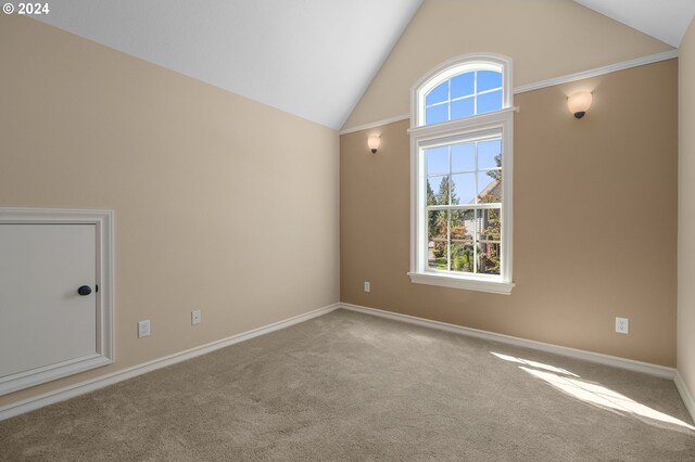 carpeted spare room with high vaulted ceiling