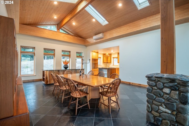 dining area with dark tile flooring, lofted ceiling with skylight, and wooden ceiling