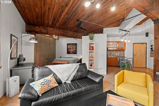 living room featuring wooden ceiling and sink