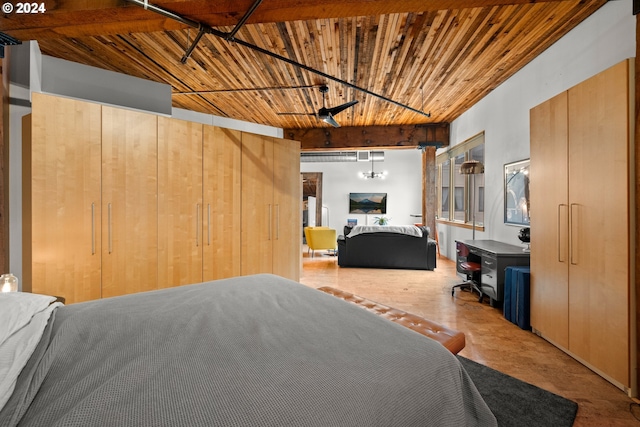 bedroom featuring wooden ceiling and wood walls