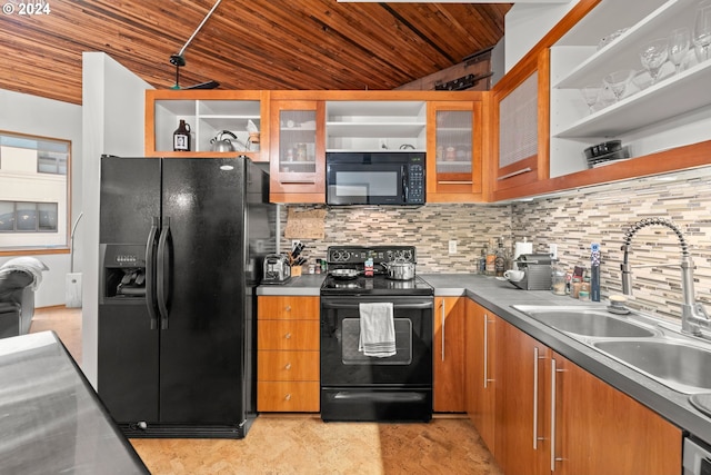 kitchen with wooden ceiling, backsplash, black appliances, and sink