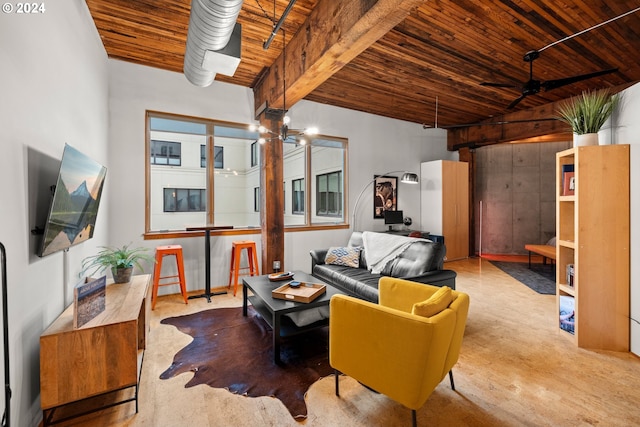 living room with ceiling fan with notable chandelier, beam ceiling, and wood ceiling