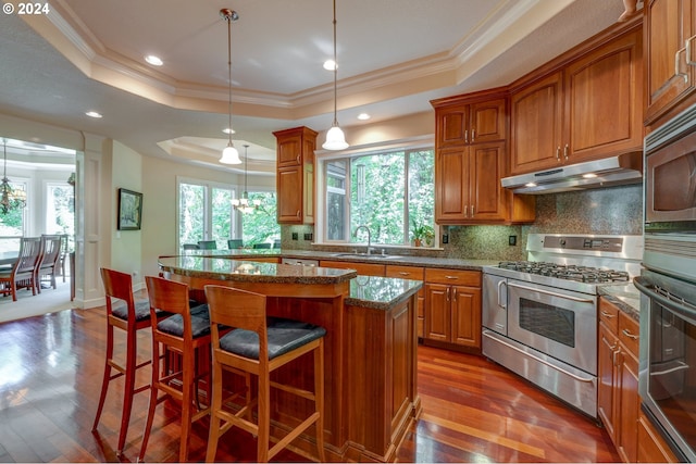 kitchen featuring pendant lighting, a center island, a tray ceiling, and double oven range