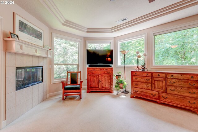 sitting room featuring a raised ceiling, light colored carpet, and a wealth of natural light