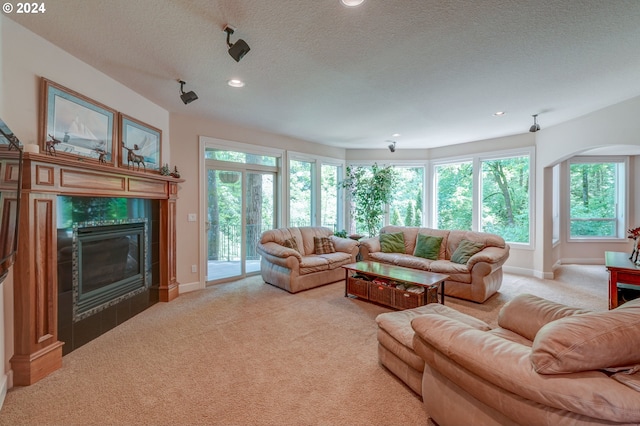 living room featuring light carpet, a fireplace, a healthy amount of sunlight, and a textured ceiling