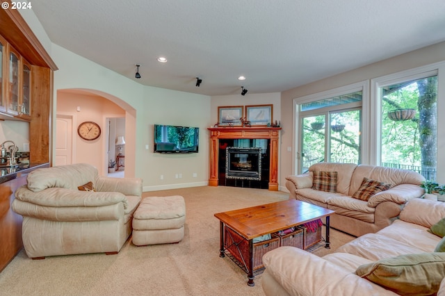 carpeted living room featuring sink and a tile fireplace