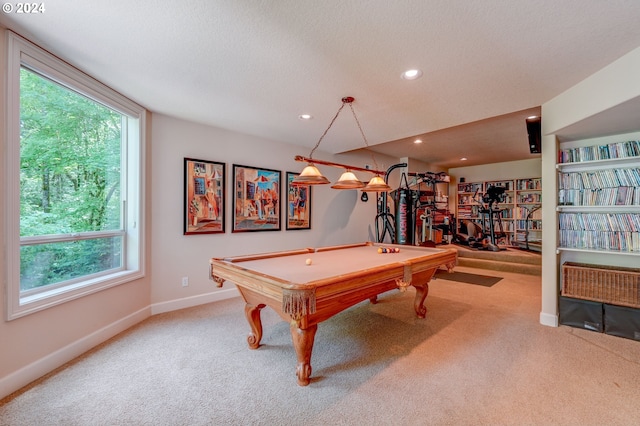 recreation room featuring carpet, a wealth of natural light, and billiards