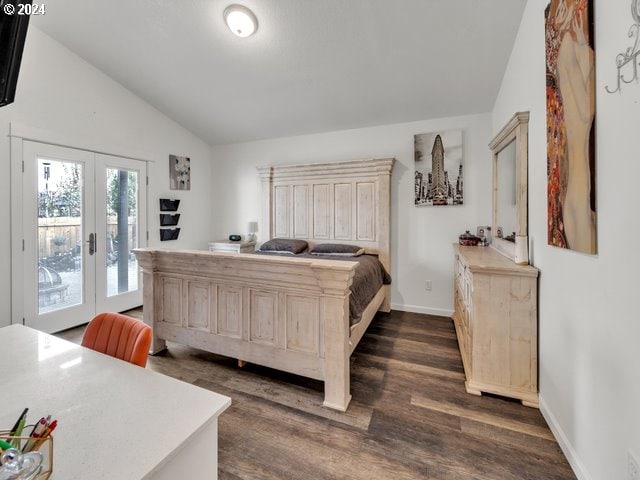 566 N 11th St, Aumsville, OR 97325 - bedroom featuring lofted ceiling, french doors, access to outside, dark wood finished floors, and baseboards