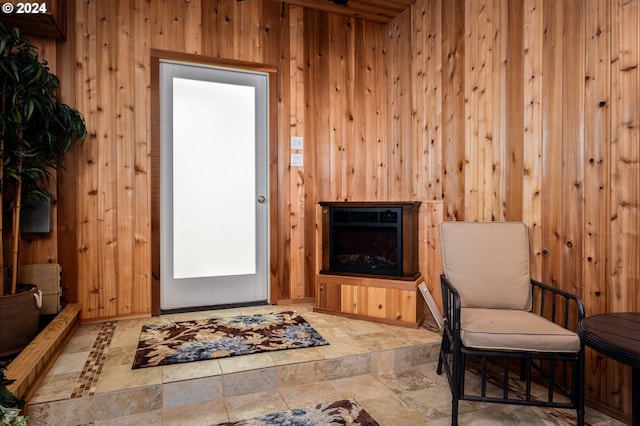 sitting room with wooden walls