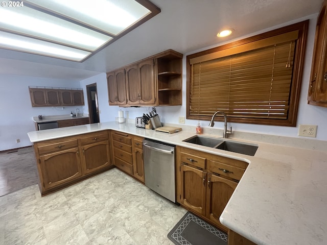 kitchen with a sink, open shelves, stainless steel dishwasher, recessed lighting, and a peninsula